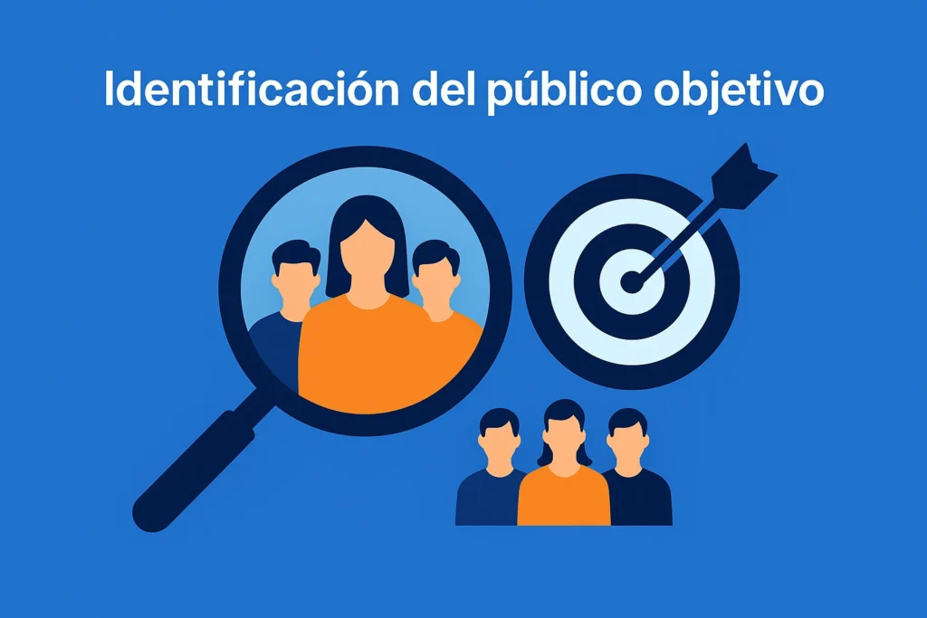 Identificación del público objetivo en marketing con lupa, grupo de personas y diana.
