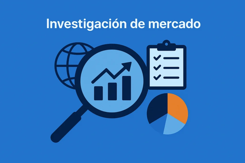 Investigación de mercado representada con lupa, gráfico de sectores y documento con barras de crecimiento.