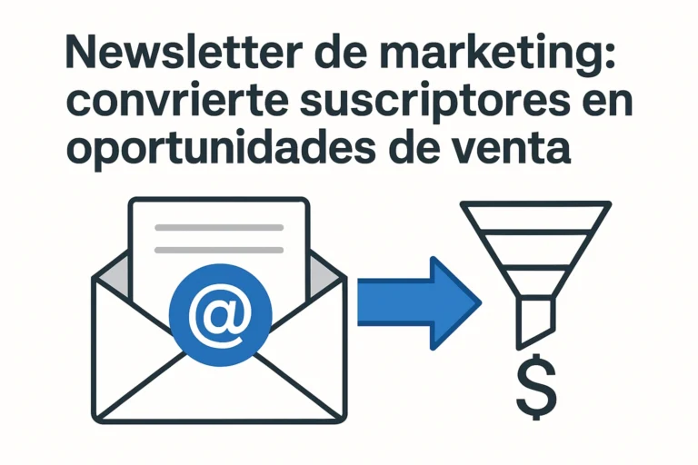 Ilustración de newsletter de marketing con sobre, flecha y embudo que representan la conversión a ventas