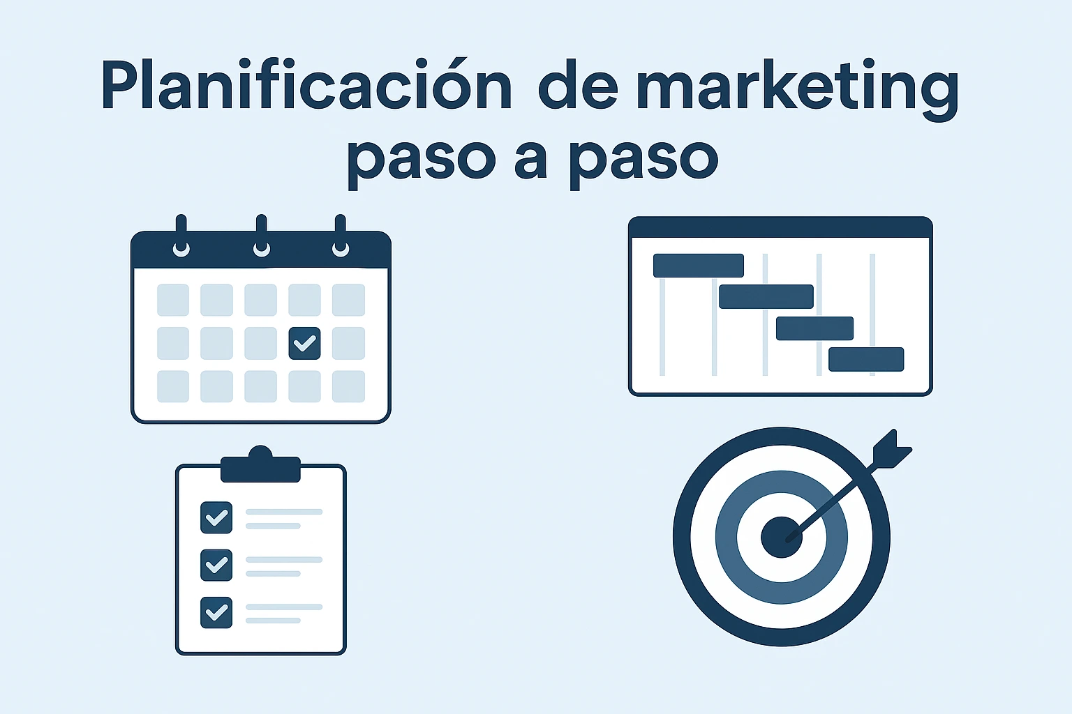 Ilustración de planificación de marketing paso a paso con calendario, diagrama de Gantt, checklist y diana de objetivos.