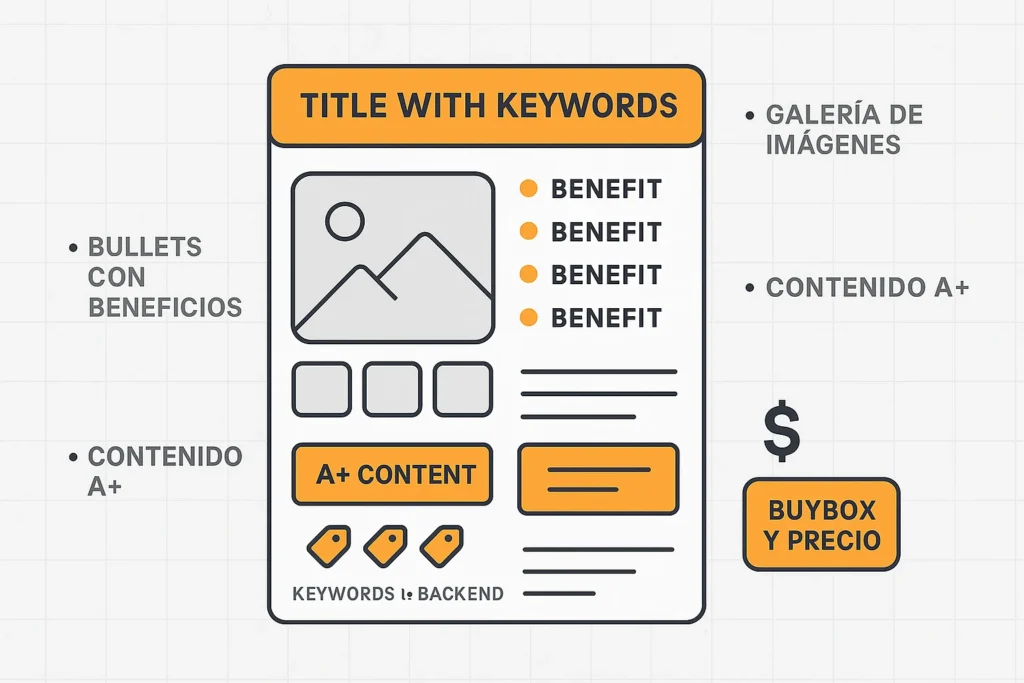 Estructura de un listing: título, bullets, descripción, imágenes y backend keywords