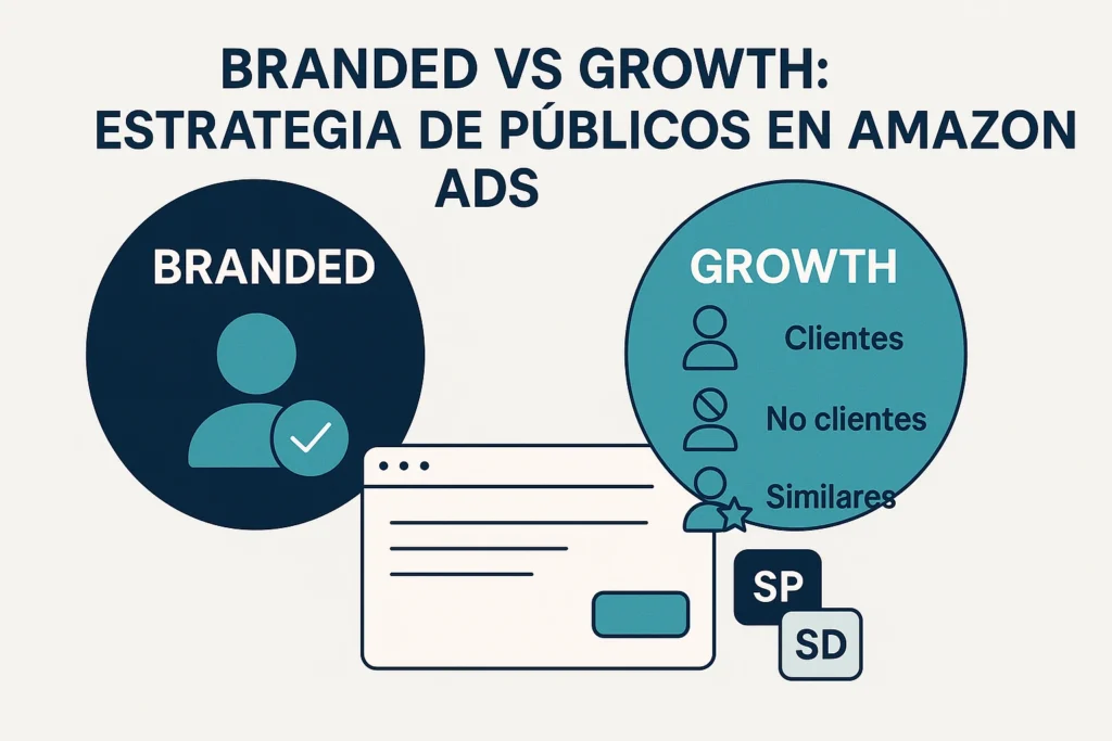 Estrategia de públicos en Amazon Ads: branded vs growth con clientes, no clientes y audiencias similares (SP y SD).