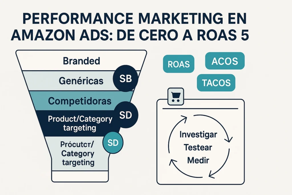Embudo de campañas en Amazon Ads (branded, genéricas, competidoras, product/category) con KPIs ROAS, ACOS y TACOS.