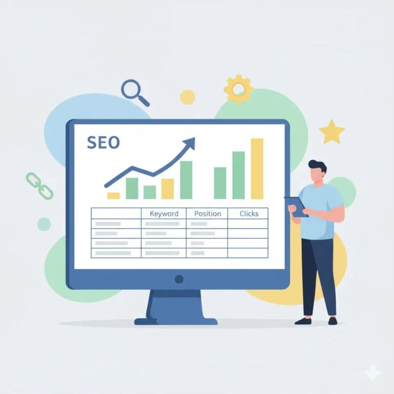 Ilustración de una auditoría SEO profesional con consultor analizando gráficos y tabla de keywords en un monitor