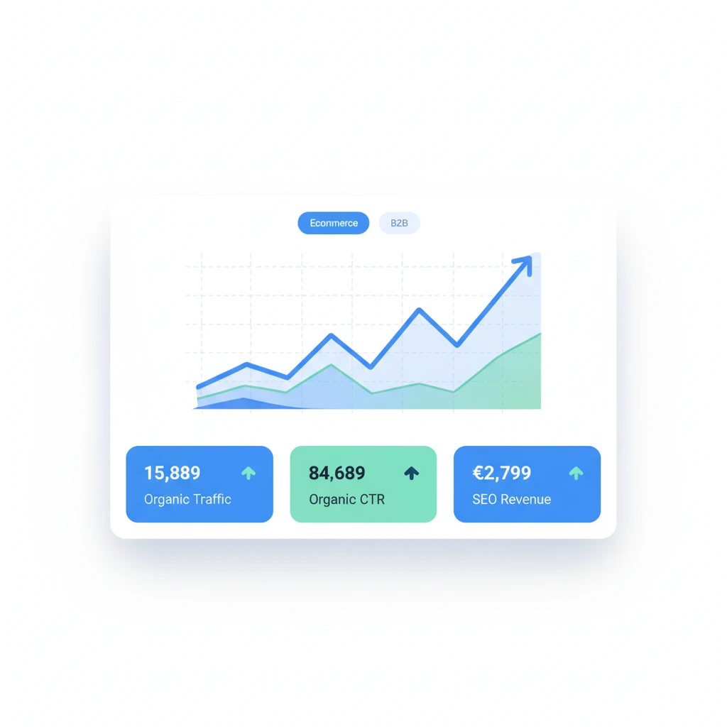 Ilustración de un dashboard de analítica SEO con gráfico de líneas creciente y tarjetas de KPIs de tráfico, CTR e ingresos