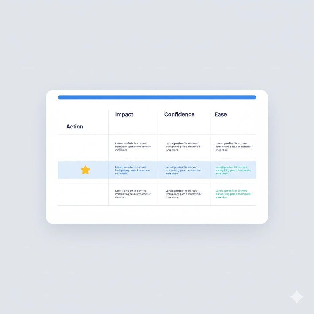 Ilustración de un widget de dashboard con matriz ICE para priorizar acciones SEO según impacto, confianza y facilidad