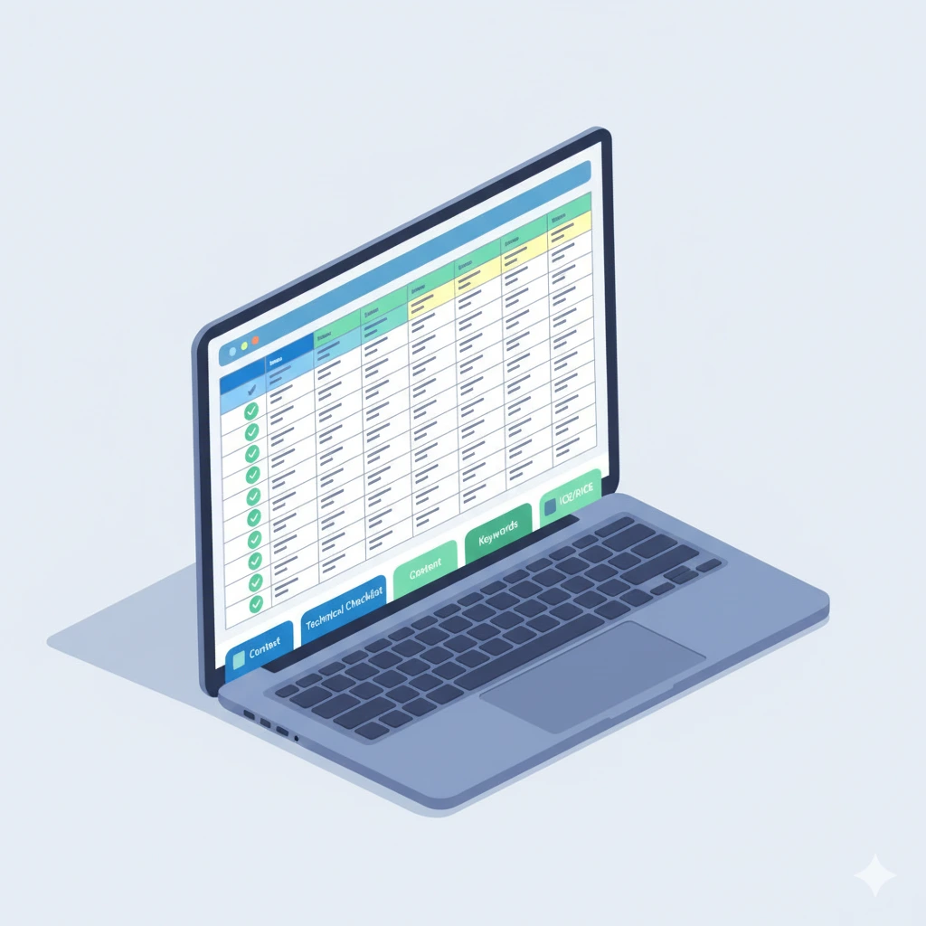 Ilustración de un portátil mostrando una plantilla de auditoría SEO en formato hoja de cálculo con pestañas y checklist