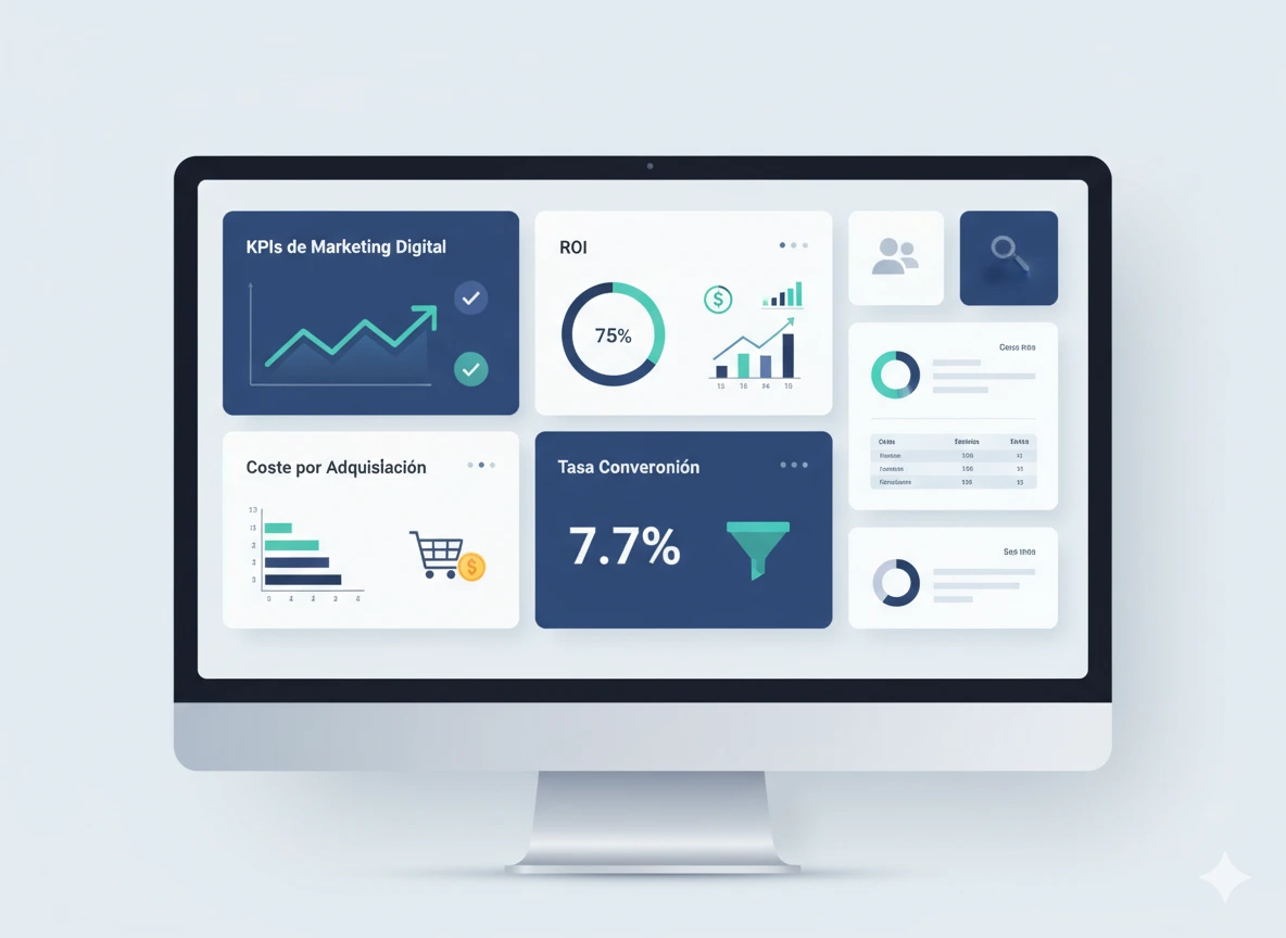 KPIs de marketing digital en dashboard con tasa de conversión y coste por adquisición