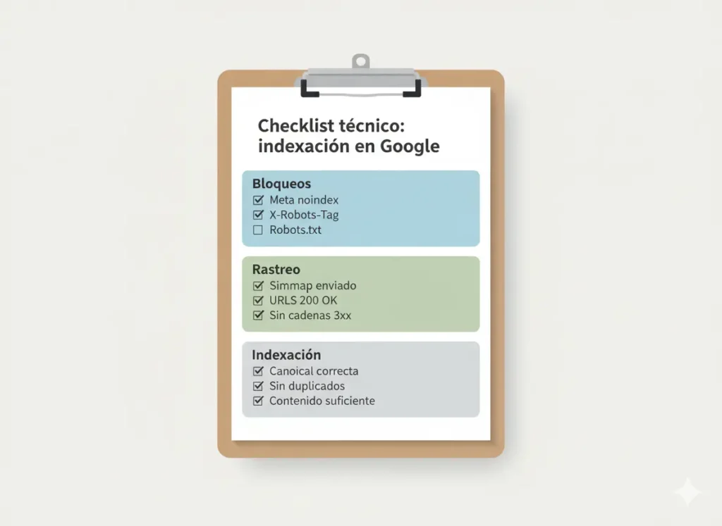 Checklist técnico SEO de indexación: noindex, robots.txt, sitemap, canonical, errores 404 y rastreo