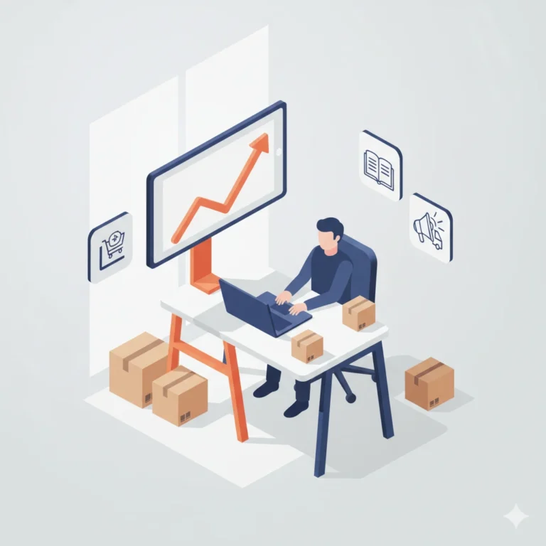 como vender en amazon: responsable de eCommerce gestionando ventas online con cajas y panel de rendimiento