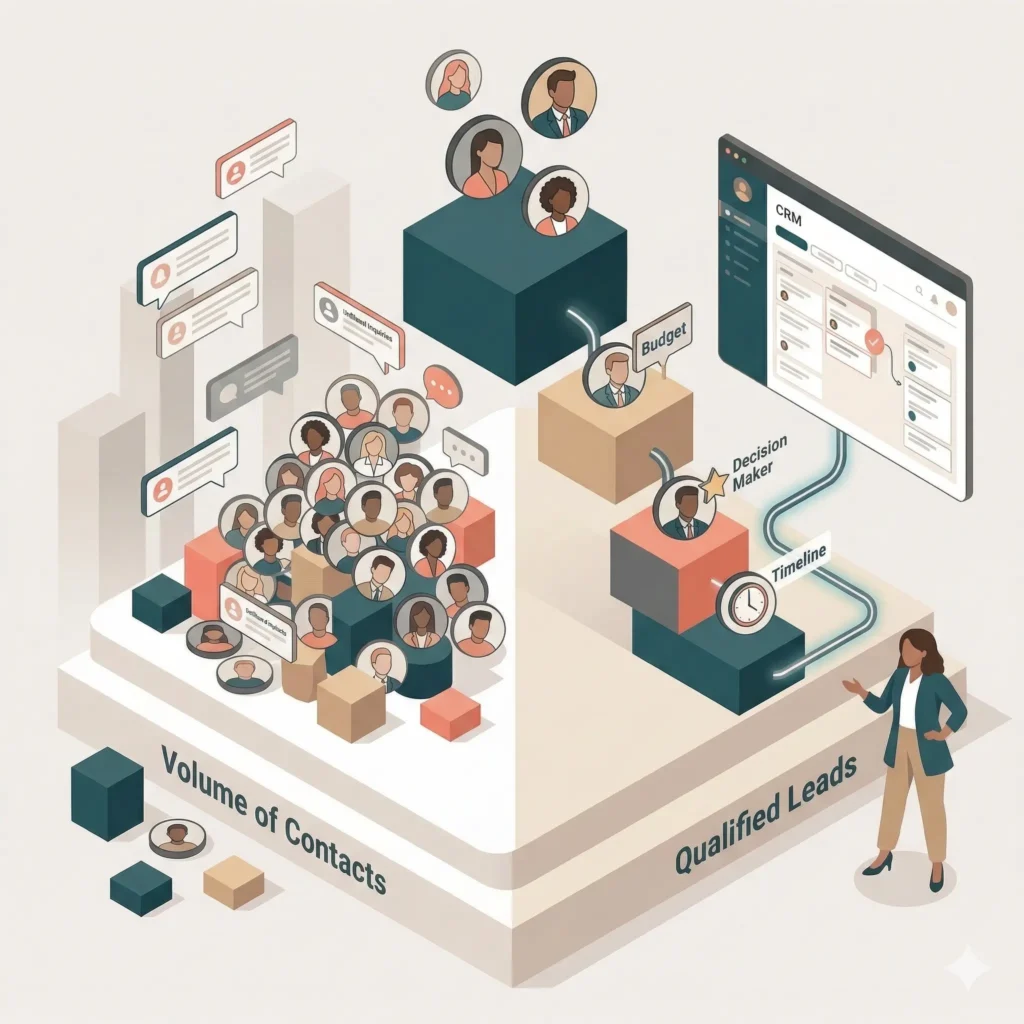 Diferencia entre contactos masivos y clientes potenciales cualificados en un funnel de captación