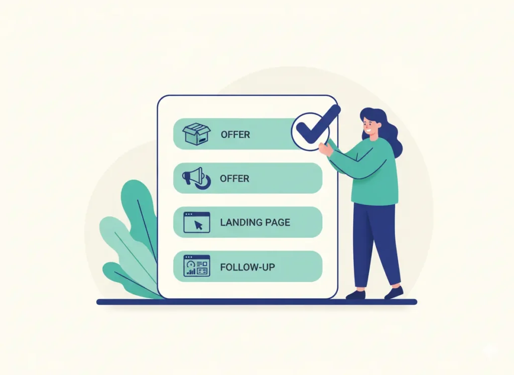 Cómo conseguir más clientes para tu negocio en 90 días con una estrategia digital realista 4 Ilustración de preparación inicial para como conseguir mas clientes: oferta clara, landing y seguimiento en marketing digital para pymes.