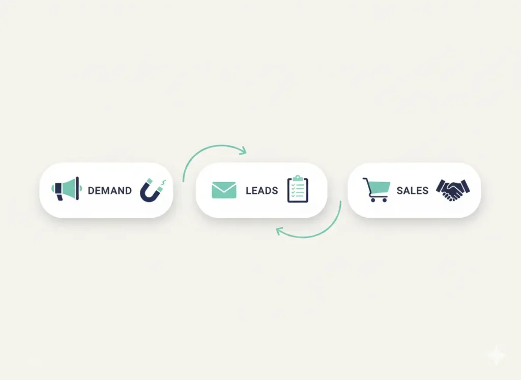 Cómo conseguir más clientes para tu negocio en 90 días con una estrategia digital realista 2 Diagrama visual del sistema demanda, leads cualificados y ventas para como conseguir mas clientes con estrategia inbound marketing.