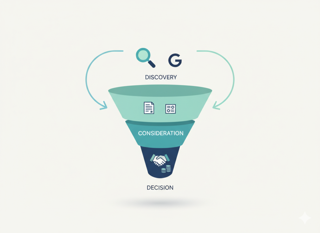 Cómo conseguir más clientes para tu negocio en 90 días con una estrategia digital realista 3 Ilustración del embudo TOFU MOFU BOFU para como conseguir mas clientes combinando SEO para conseguir clientes y marketing de contenidos.