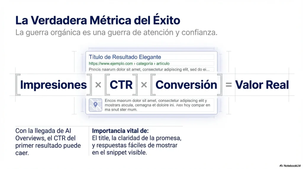 Panel de Search Console con impresiones, CTR y posiciones orgánicas en Google