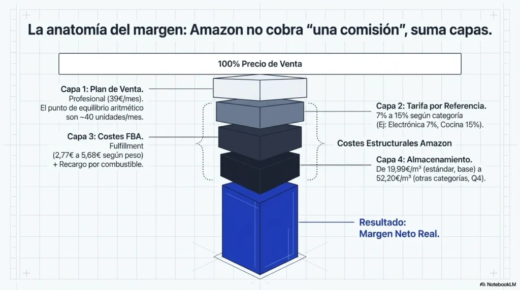 Desglose de comisiones de Amazon España, FBA y almacenamiento para calcular el margen neto real