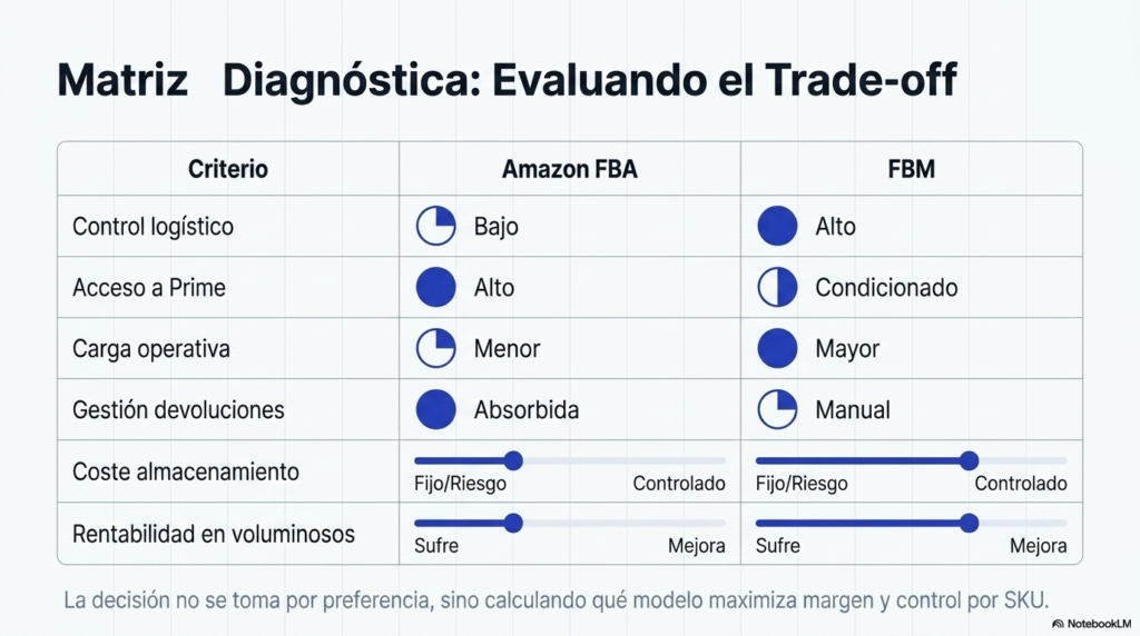 Tabla comparativa de Amazon FBA y FBM según control logístico, Prime, devoluciones y rentabilidad
