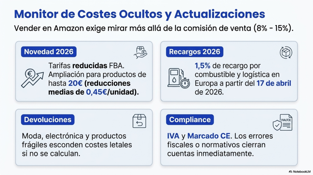 Costes ocultos de Amazon FBA España en tarifas, devoluciones, almacenamiento, IVA y cumplimiento normativo