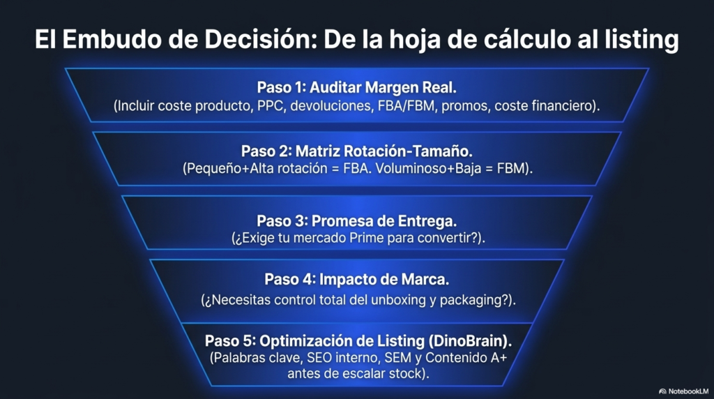 Proceso para decidir entre Amazon FBA y FBM revisando margen, rotación, entrega, marca y listing