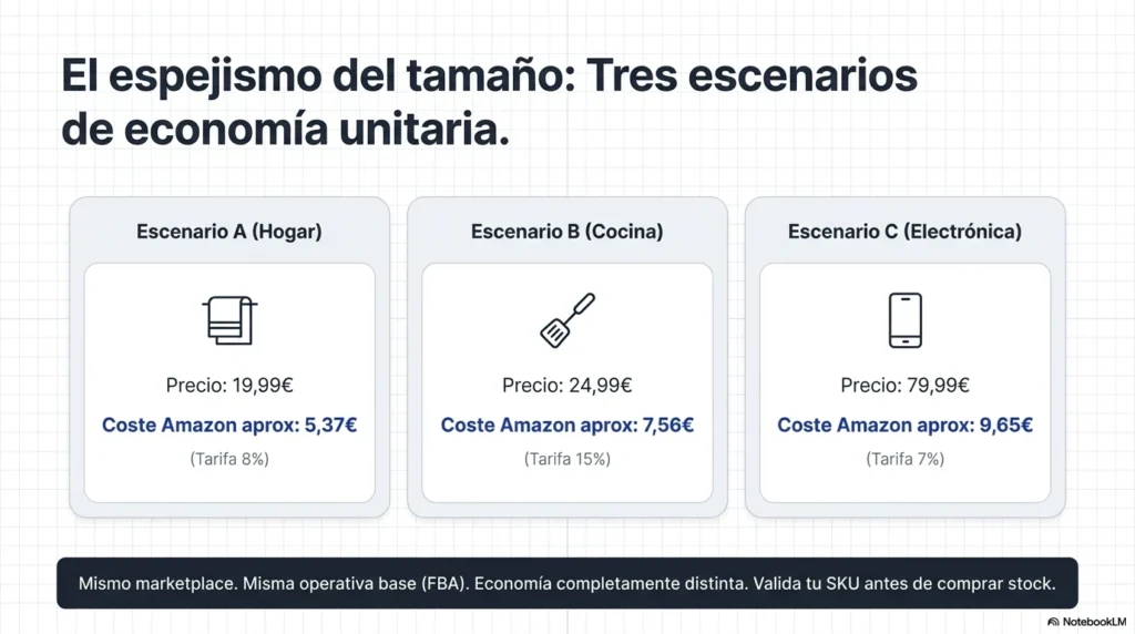 Ejemplos de economía unitaria en Amazon España para hogar, cocina y electrónica con costes por categoría