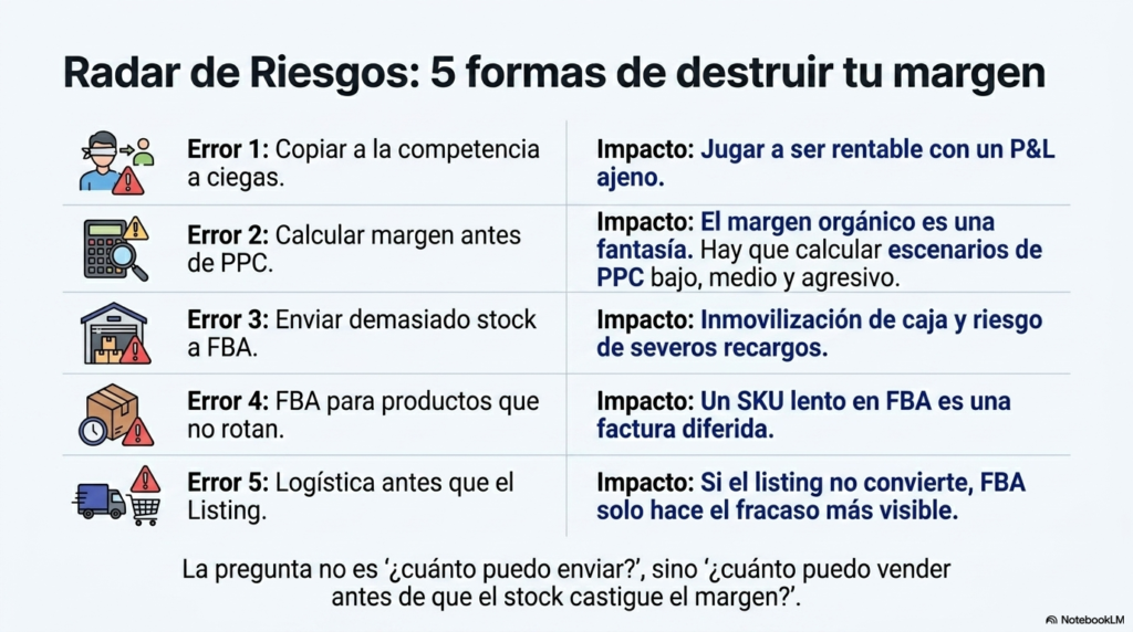 Errores comunes al vender en Amazon FBA España que destruyen margen por PPC, stock y logística