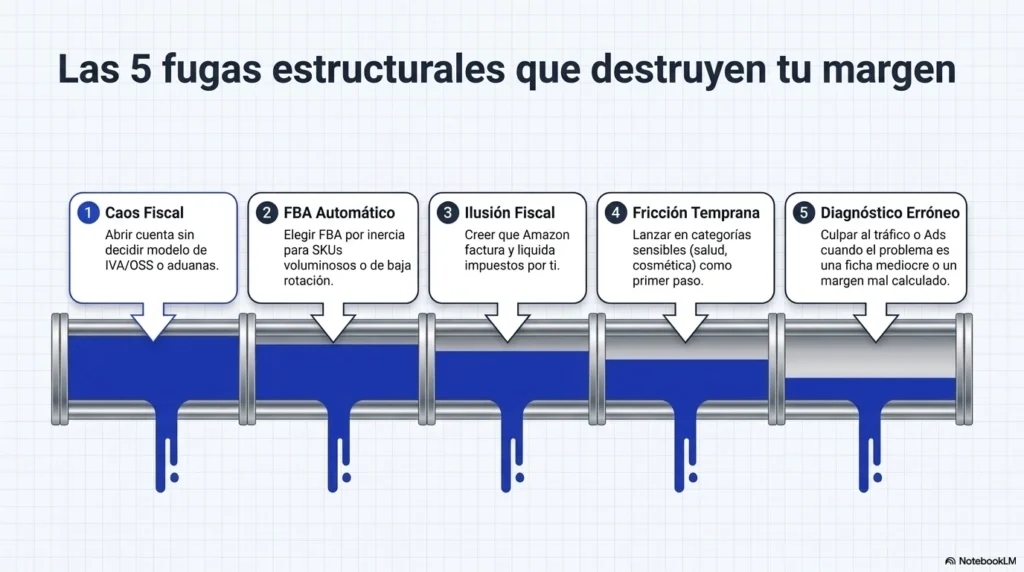 Errores al vender en Amazon España que destruyen el margen: fiscalidad, FBA automático, categorías sensibles y mal diagnóstico