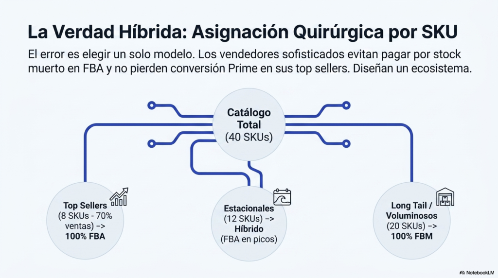 Estrategia híbrida Amazon FBA y FBM por SKU para optimizar margen, stock y conversión Prime