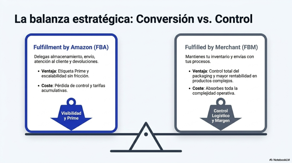 Comparativa FBA vs FBM en Amazon España entre conversión Prime y control logístico del vendedor