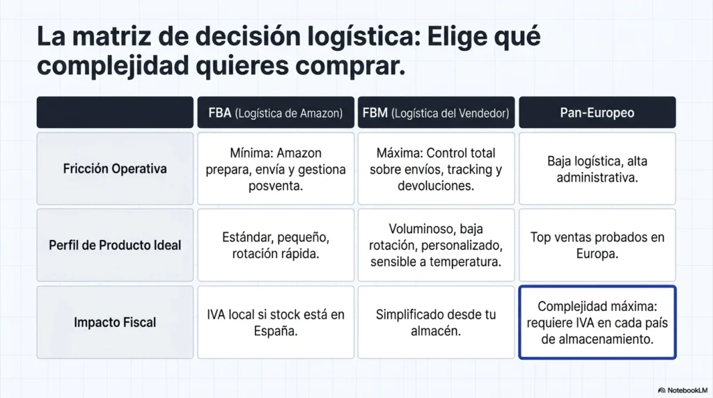 Comparativa logística entre FBA, FBM y Pan-Europeo para vender en Amazon España según producto y complejidad fiscal