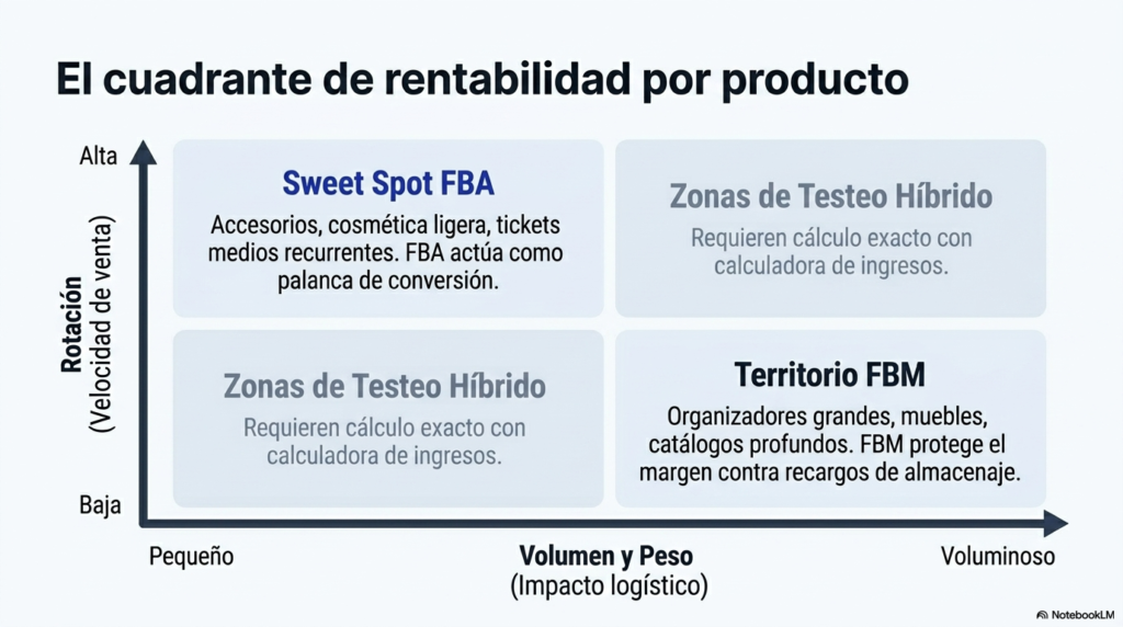 Matriz para decidir entre Amazon FBA y FBM según rotación, volumen, peso y rentabilidad del producto