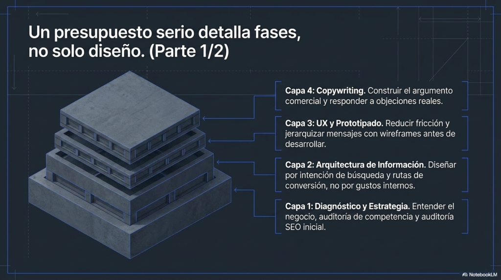 Fases de un presupuesto web profesional con diagnóstico arquitectura UX y copywriting